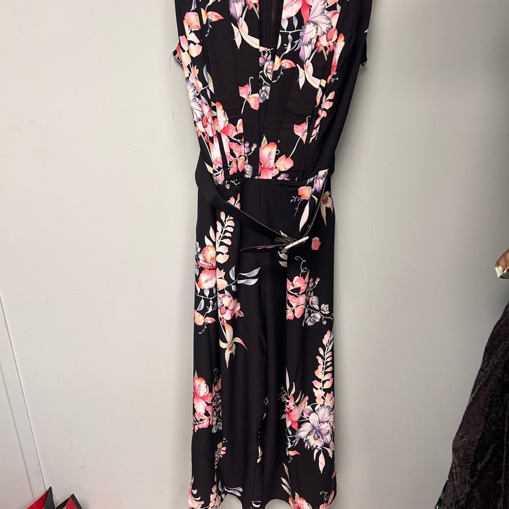 Sweet Luce Floral Black and Pink Jumpsuit with Belt